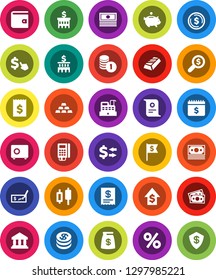 White Solid Icon Set- certificate vector, bank, exchange, dollar coin, gold ingot, japanese candle, wallet, cash, piggy, growth, stack, check, building, receipt, money search, flag, safe, calendar