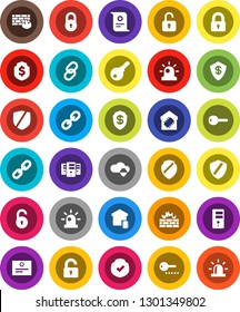 White Solid Icon Set- certificate vector, dollar shield, protected, link, cloud, server, firewall, chain, lock, unlock, siren, key, smart home, password