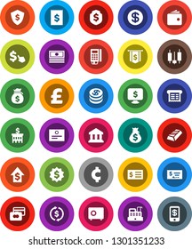 White Solid Icon Set- certificate vector, bank, exchange, gold ingot, japanese candle, credit card, wallet, cash, money bag, dollar growth, check, building, receipt, medal, flag, shield, safe, pound