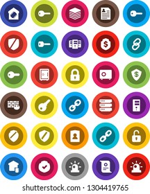 White Solid Icon Set- certificate vector, personal information, dollar shield, safe, protected, link, big data, server, firewall, chain, key, siren, lock, smart home, unlock, password