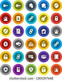 White Solid Icon Set- certificate vector, personal information, dollar shield, safe, link, cloud, server, firewall, chain, lock, key, siren, unlock, smart home, protect, password