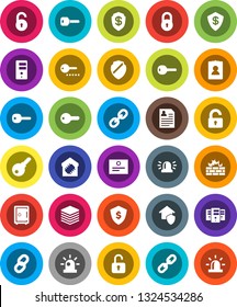 White Solid Icon Set- certificate vector, personal information, dollar shield, safe, link, big data, server, firewall, chain, lock, unlock, key, siren, smart home, protect, password