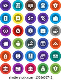 White Solid Icon Set- certificate vector, bank, exchange, dollar coin, japanese candle, cash, money bag, piggy, investment, growth, shield, calendar, any currency, gold ingot, receipt, credit card