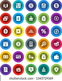 White Solid Icon Set- certificate vector, exchange, dollar coin, japanese candle, credit card, stack, bank building, receipt, money search, medal, shield, calendar, monitor, cursor, any currency