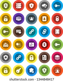 White Solid Icon Set- certificate vector, personal information, dollar shield, safe, link, cloud, big data, server, firewall, chain, lock, key, siren, smart home, protect, unlock, password