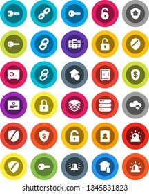 White Solid Icon Set- certificate vector, personal information, dollar shield, safe, protected, link, cloud, big data, server, chain, unlock, key, siren, smart home, protect, lock