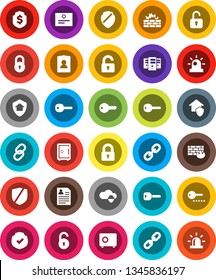 White Solid Icon Set- certificate vector, personal information, dollar shield, safe, protected, link, cloud, server, firewall, chain, lock, unlock, key, home protect, password, siren
