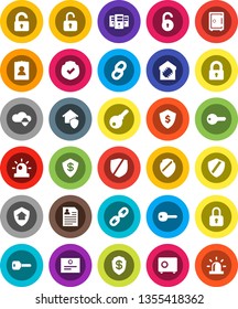 White Solid Icon Set- certificate vector, personal information, dollar shield, safe, protected, cloud, server, chain, unlock, key, lock, smart home, protect, password, siren