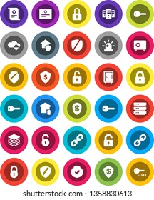 White Solid Icon Set- certificate vector, dollar shield, safe, protected, link, cloud, big data, server, chain, lock, unlock, key, siren, smart home, protect, password