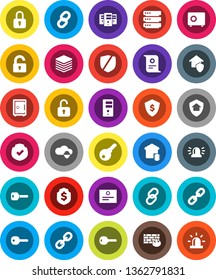 White Solid Icon Set- certificate vector, dollar shield, safe, protected, link, cloud, big data, server, firewall, chain, key, siren, unlock, smart home, protect, lock, password