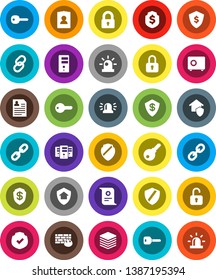 White Solid Icon Set- certificate vector, personal information, dollar shield, safe, protected, link, big data, server, firewall, chain, key, siren, lock, home protect, unlock, password