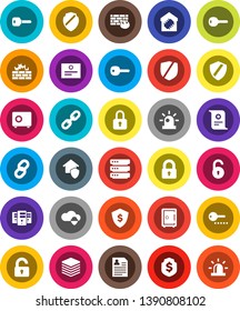 White Solid Icon Set- certificate vector, personal information, dollar shield, safe, protected, cloud, big data, server, firewall, chain, unlock, key, siren, lock, smart home, protect, password