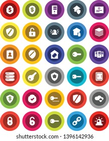 White Solid Icon Set- certificate vector, personal information, dollar shield, safe, protected, link, cloud, big data, server, lock, unlock, key, siren, smart home, protect, password