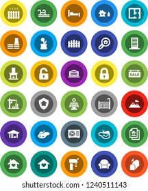 White Solid Icon Set- chalet vector, pond, pool, solar panel, water supply, mountain, barn, fence, plan, estate document, sale signboard, office building, search, lock, unlock, crib, love home