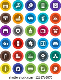 White Solid Icon Set- chalet vector, pool, windmill, water supply, fruit tree, mountain, garage, barn, plan, sale signboard, apartments, search estate, client, consumer, washer, cushioned furniture