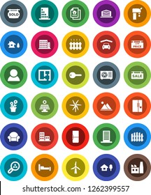 White Solid Icon Set- chalet vector, solar panel, windmill, water supply, mountain, garage, fence, plan, estate document, sale signboard, sold, low price, apartments, office building, client search