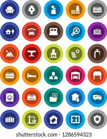 White Solid Icon Set- chalet vector, solar panel, water supply, fruit tree, mountain, garage, fence, plan, estate document, rooms signboard, sold, low price, office building, client search, consumer