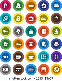 White Solid Icon Set- chalet vector, water supply, fruit tree, garage, fence, plan, estate document, rent signboard, rooms, office building, client search, consumer, key, lock, table, bath, heating