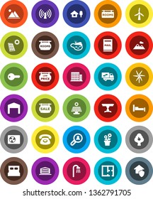 White Solid Icon Set- chalet vector, pond, mailbox, solar panel, windmill, fruit tree, mountain, barn, plan, sale signboard, rooms, low price, apartments, office building, client search, key, table