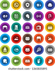 White Solid Icon Set- chalet vector, pond, mountain, barn, estate document, sale signboard, rooms, sold, low price, office building, search, key, table, bath, cushioned furniture, fireplace, heating