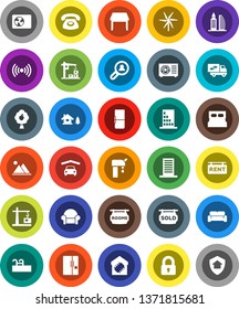 White Solid Icon Set- chalet vector, pool, windmill, water supply, fruit tree, mountain, garage, rent signboard, rooms, sold, office building, client search, lock, table, cushioned furniture, fridge