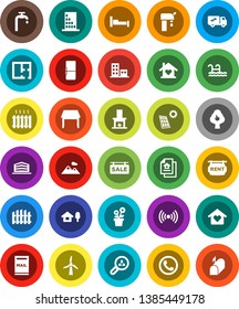 White Solid Icon Set- chalet vector, pool, mailbox, solar panel, windmill, water supply, fruit tree, mountain, fence, plan, estate document, sale signboard, rent, apartments, office building, table
