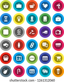 White Solid Icon Set- chicken leg vector, case, man, sand clock, calendar, heart cross, mobile phone, dialog, backward button, tomography, potion, cloud shield, chain, network document, stop, plan