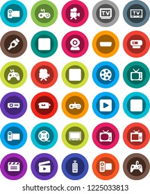 White Solid Icon Set- cinema clap vector, film spool, tv, gamepad, video camera, remote control, play button, pause, stop, rec, hdmi, web, projector