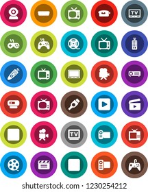 White Solid Icon Set- cinema clap vector, film spool, tv, gamepad, video camera, remote control, play button, stop, rec, hdmi, web, projector