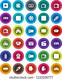 White Solid Icon Set- cinema clap vector, film spool, tv, gamepad, video camera, remote control, play button, pause, stop, rec, hdmi, web, projector