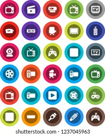 White Solid Icon Set- cinema clap vector, film spool, tv, gamepad, video camera, remote control, play button, pause, rec, hdmi, web, projector