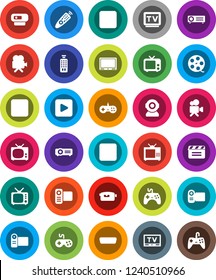 White Solid Icon Set- cinema clap vector, film spool, tv, gamepad, video camera, remote control, play button, pause, stop, rec, hdmi, web, projector