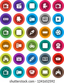 White Solid Icon Set- cinema clap vector, film spool, tv, gamepad, video camera, remote control, play button, pause, stop, rec, hdmi, web, projector