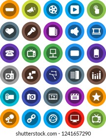 White Solid Icon Set- cinema clap vector, film frame, spool, microphone, radio, newspaper, speaker, tv, equalizer, internet, touchscreen, speaking man, monitor, classic phone, link, favorites, heart