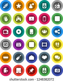 White Solid Icon Set- cinema clap vector, film frame, disk, music hit, radio, gamepad, tv, video camera, remote control, mobile phone, dialog, speaking man, notebook pc, speaker, group, favorites