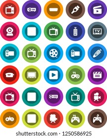 White Solid Icon Set- cinema clap vector, film spool, tv, gamepad, video camera, remote control, play button, pause, stop, rec, hdmi, web, projector