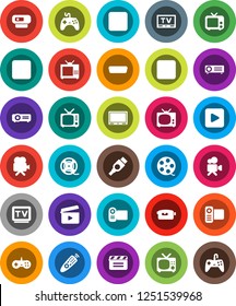 White Solid Icon Set- cinema clap vector, film spool, tv, gamepad, video camera, remote control, play button, pause, stop, rec, hdmi, web, projector