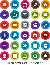 White Solid Icon Set- cinema clap vector, film spool, tv, gamepad, video camera, remote control, play button, pause, rec, hdmi, web, projector