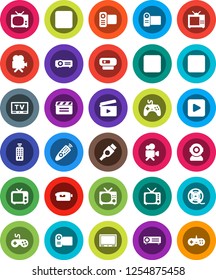 White Solid Icon Set- cinema clap vector, film spool, tv, gamepad, video camera, remote control, play button, pause, stop, rec, hdmi, web, projector