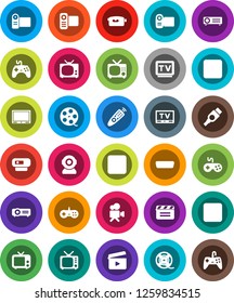 White Solid Icon Set- cinema clap vector, film spool, tv, gamepad, video camera, remote control, pause button, stop, rec, hdmi, web, projector