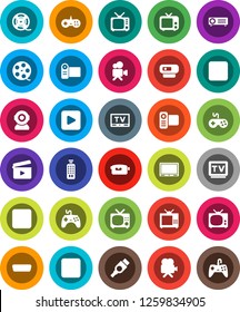 White Solid Icon Set- cinema clap vector, film spool, tv, gamepad, video camera, remote control, play button, pause, stop, rec, hdmi, web, projector