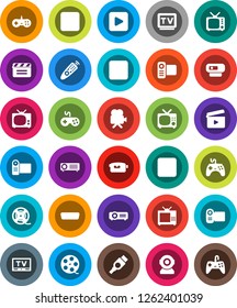 White Solid Icon Set- cinema clap vector, film spool, tv, gamepad, video camera, remote control, play button, pause, stop, rec, hdmi, web, projector