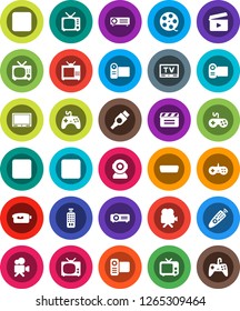 White Solid Icon Set- cinema clap vector, film spool, tv, gamepad, video camera, remote control, pause button, stop, rec, hdmi, web, projector