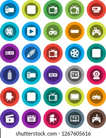 White Solid Icon Set- cinema clap vector, film spool, tv, gamepad, video camera, remote control, play button, pause, stop, rec, hdmi, web, projector
