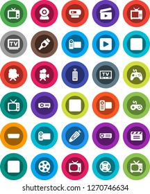 White Solid Icon Set- cinema clap vector, film spool, tv, gamepad, video camera, remote control, play button, pause, stop, rec, hdmi, web, projector