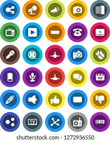 White Solid Icon Set- cinema clap vector, film spool, music hit, camera, microphone, radio, speaker, tv, remote control, dialog, notebook pc, classic phone, finger up, down, battery, mail, hdmi, hub