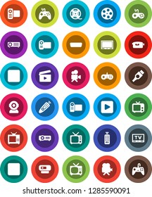 White Solid Icon Set- cinema clap vector, film spool, tv, gamepad, video camera, remote control, play button, pause, stop, hdmi, web, projector