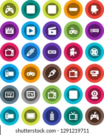 White Solid Icon Set- cinema clap vector, film spool, tv, gamepad, video camera, remote control, play button, pause, stop, rec, hdmi, web, projector