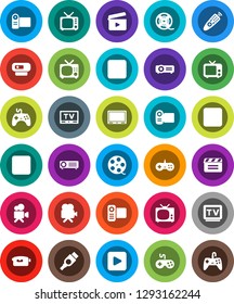 White Solid Icon Set- cinema clap vector, film spool, tv, gamepad, video camera, remote control, play button, pause, stop, rec, hdmi, web, projector