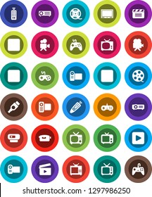 White Solid Icon Set- cinema clap vector, film spool, tv, gamepad, video camera, remote control, play button, pause, stop, rec, hdmi, web, projector